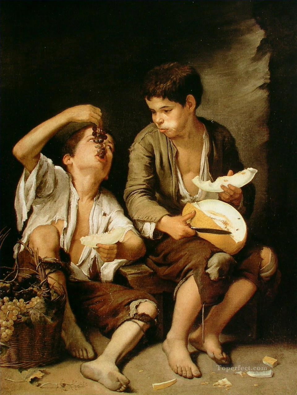 Boys Eating Fruit Grape and Melon Eaters Spanish Baroque Bartolome Esteban Murillo Oil Paintings